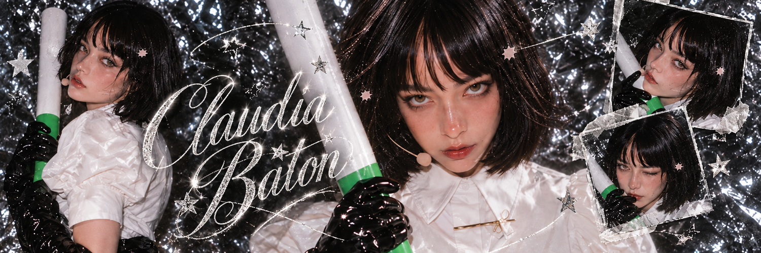 Claudia Baton posing with her baton against crumpled silver foil