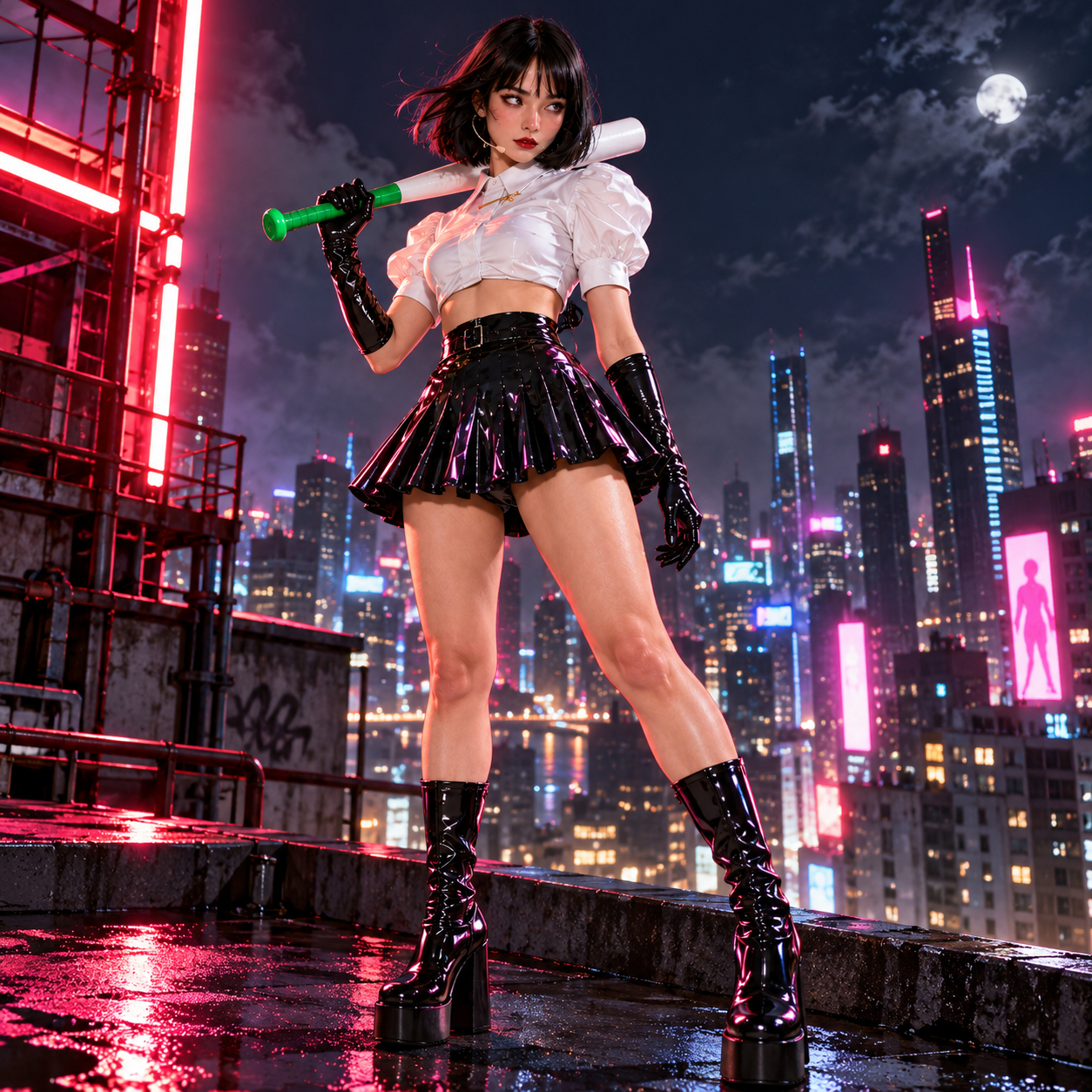 Claudia on a neon rooftop at night, baton over her shoulder